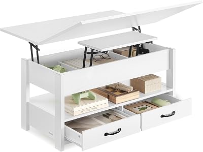VASAGLE Mesa de Centro, Regulable en Altura, con Pistón de Gas, 2 Cajones y 3 Compartimentos Bajo el Tablero, Mesa de Café con 1 Compartimento Abierto, para Salón o Estudio, Blanco Nieve LCT254W02