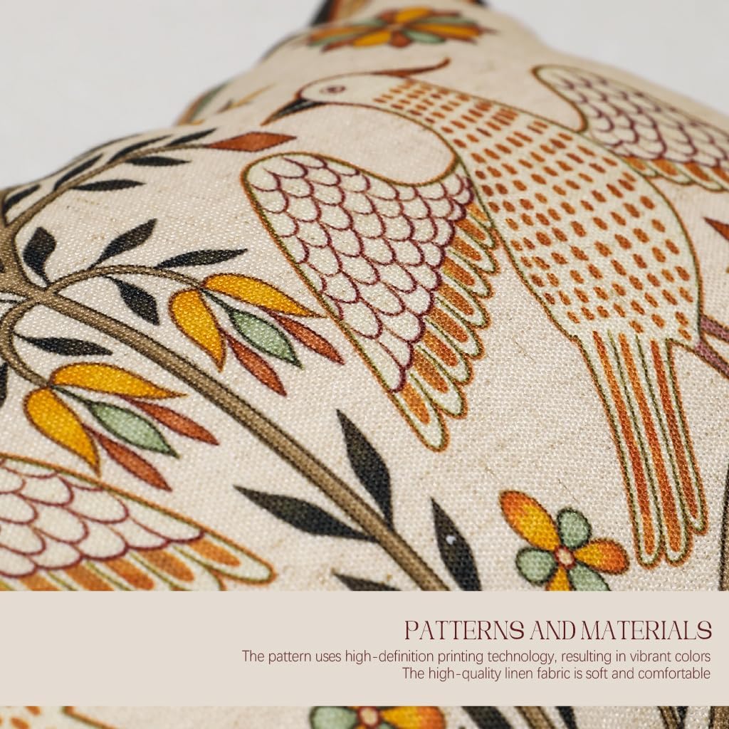 Brown Throw Pillow Covers Set of 2,Floral Farmhouse Yellow Birds Flower Pattern Linen Accent Pillows Cover for Couch,Decorative Pillows for Couch Sofa Bed Chair Cushion Covers 18"x18"