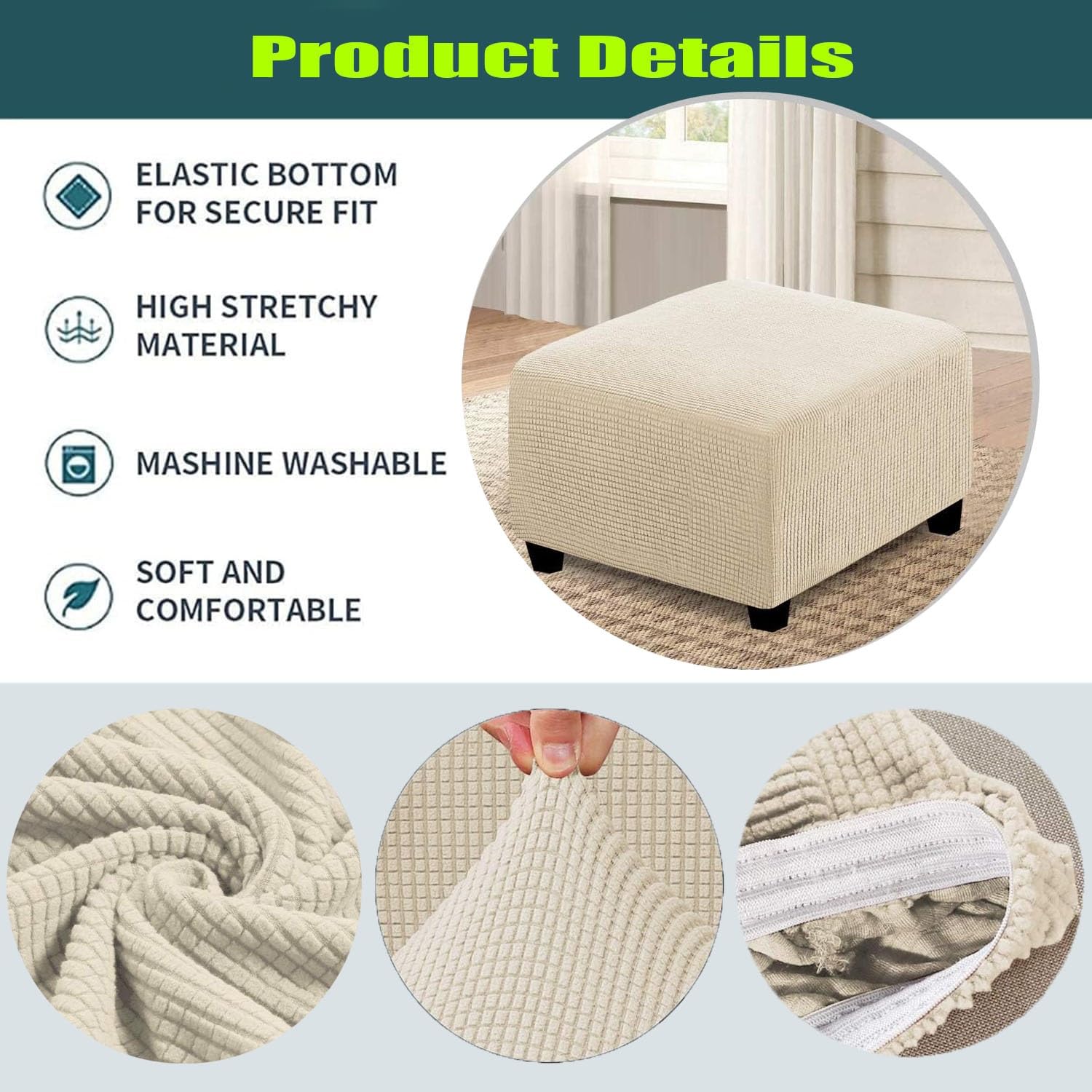 Housse de protection carrée pour ottomane de 33 à 45,7 cm, 63,8 à 76,2 cm, grande housse de protection pour repose-pieds, tabourets, meubles, extensible et confortable avec élastique en bas