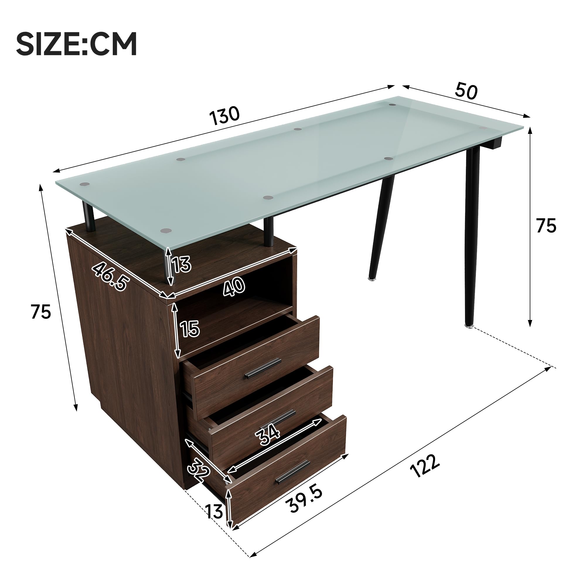 Moderno escritorio 130 x 50 x 75 cm, marrón, placa de cristal, estructura tubular de acero, tres cajones, compartimento abierto, cristal esmerilado templado, asas negras