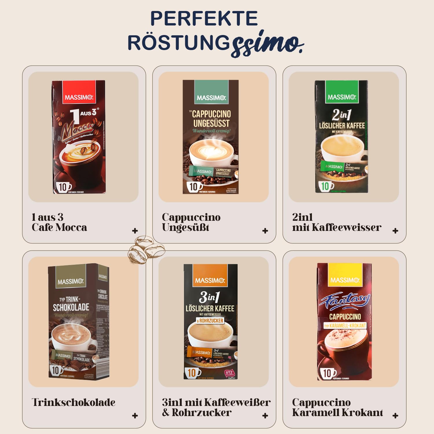 MASSIMO Instant Kaffee Sticks - Alle 12 Sorten - löslich, schnelle Zubereitung - 12er Probierpack Getränkepulver - Kaffeespezialitäten