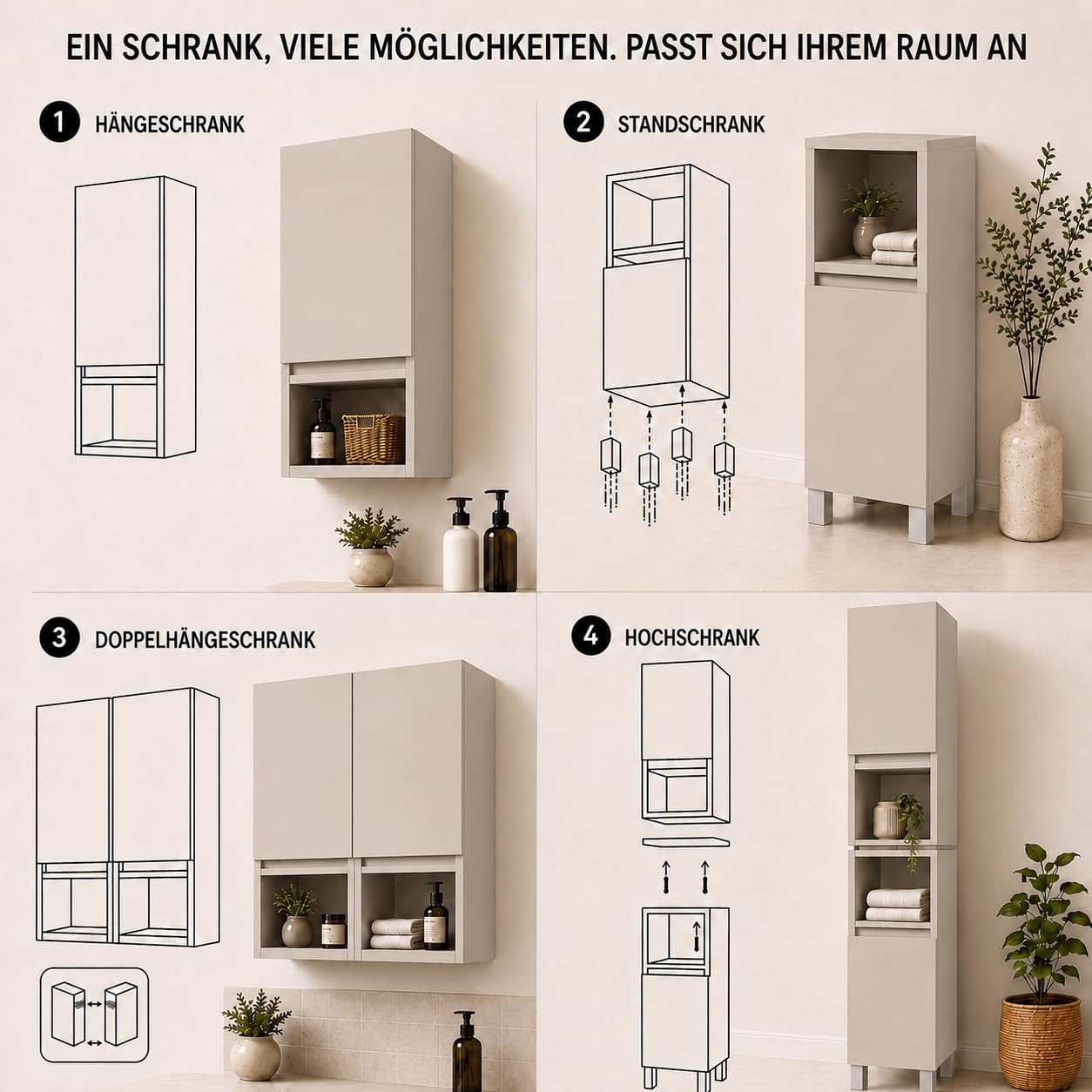Hängeschrank Badezimmer, 75x56x25 cm, Kaschmirfarbe Matt, 6 Regale, Soft-Close-Türen, Anti-Fingerprint, Wandmontage