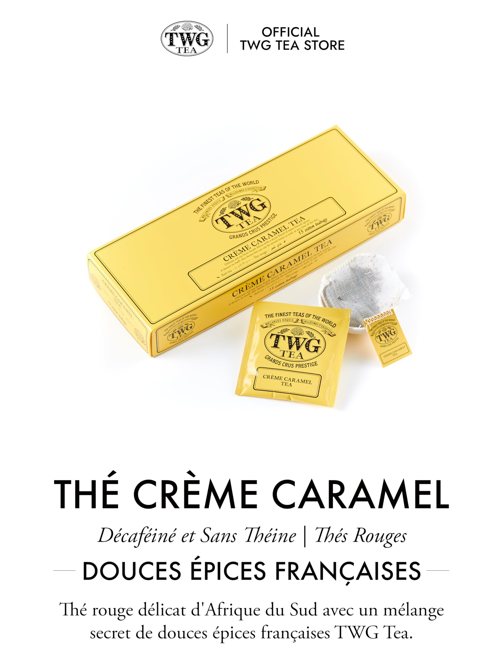 TWG Tea | Crème Caramel Tea | Thé Rooibos | Caramel Sans-Theine | 15 Sachets de Thé en Coton Cousus à la Main | Coffret Cadeau