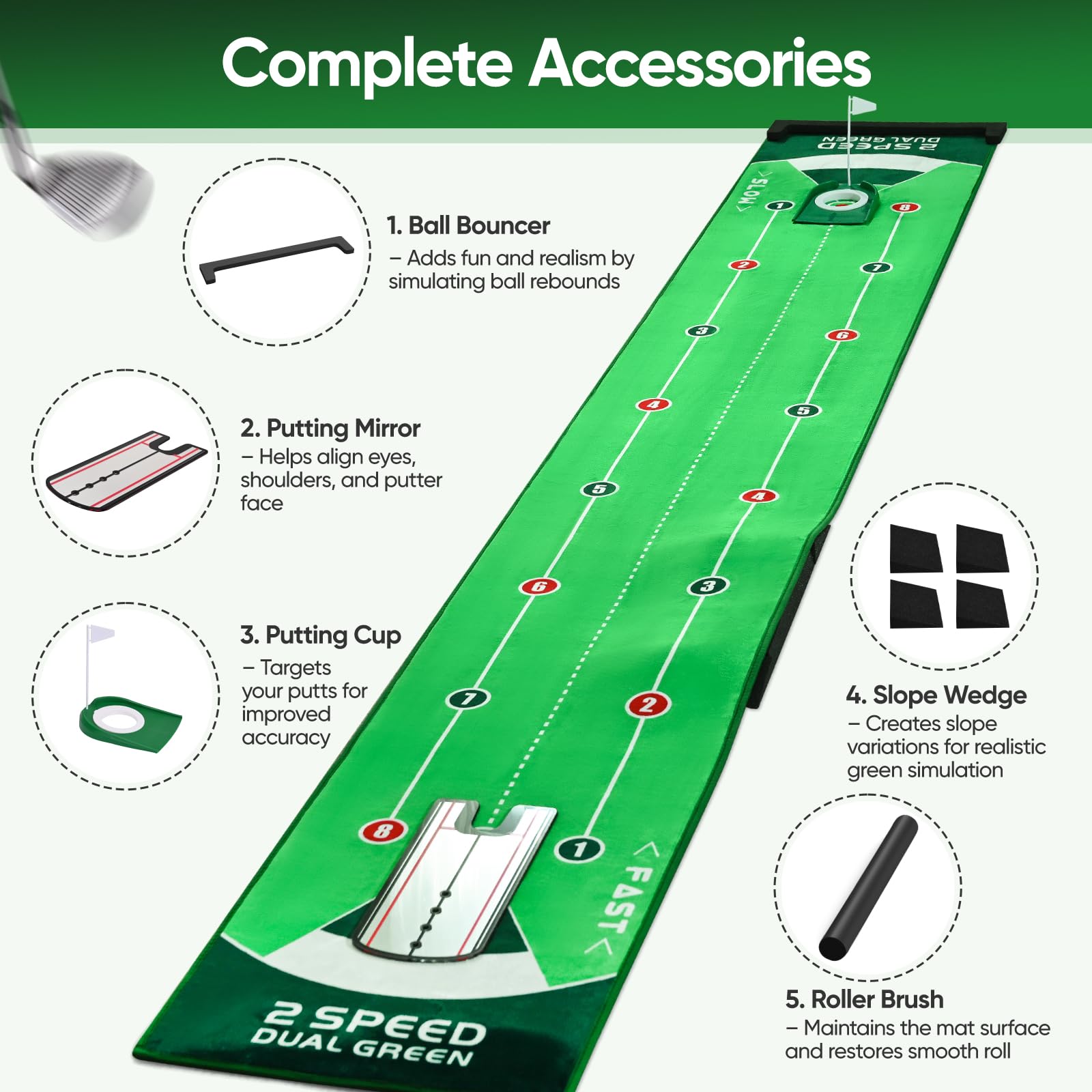 Tapis de golf professionnel vert de qualité supérieure avec miroir de putting, aide à l'entraînement de golf portable pour la maison, le bureau, le jardin, le golf, cadeau pour homme golfeurs