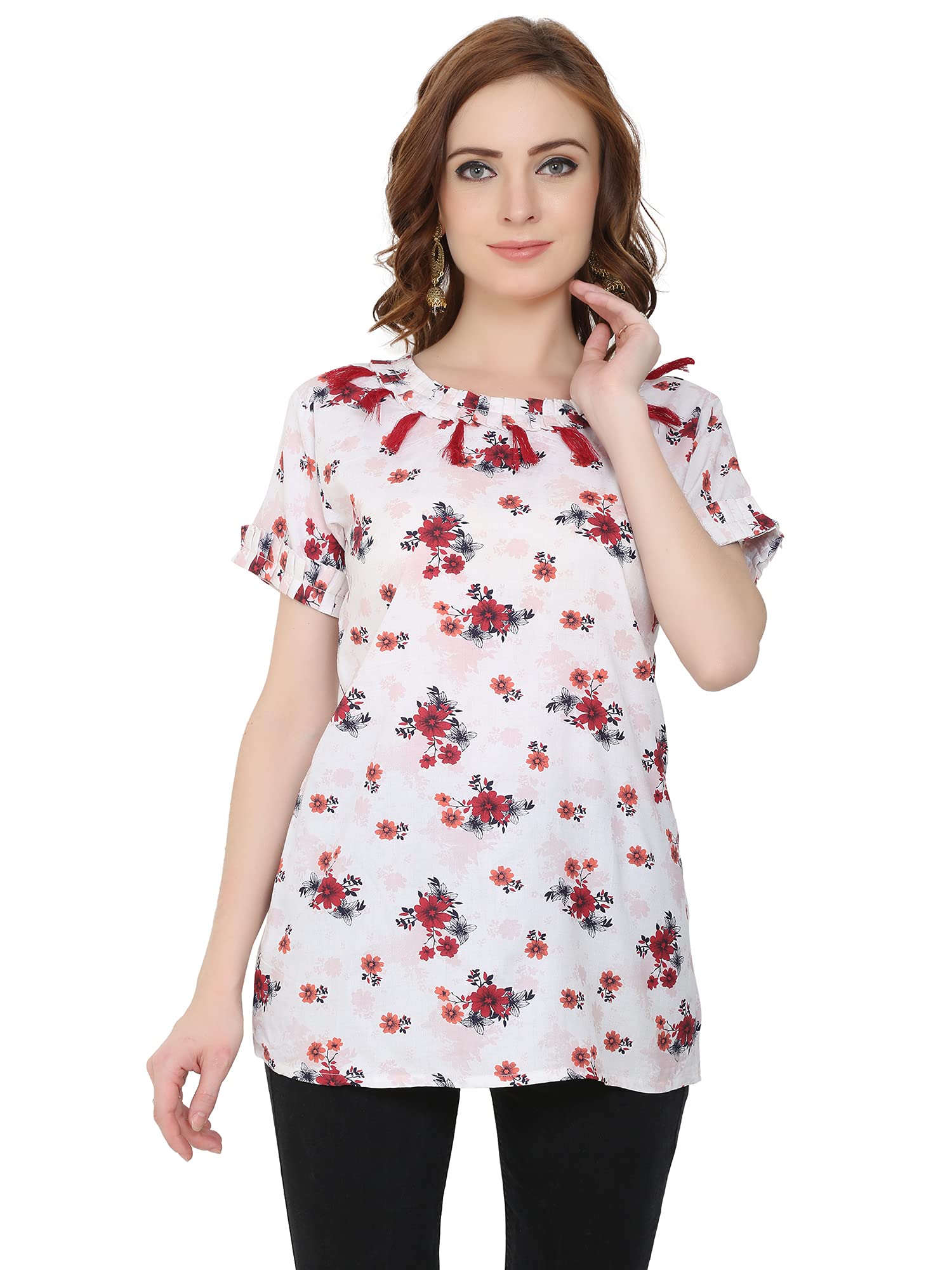 kushalmangal Women's Round Neck Rayon Flower Print Top (Free Size) (Red)-picture-18