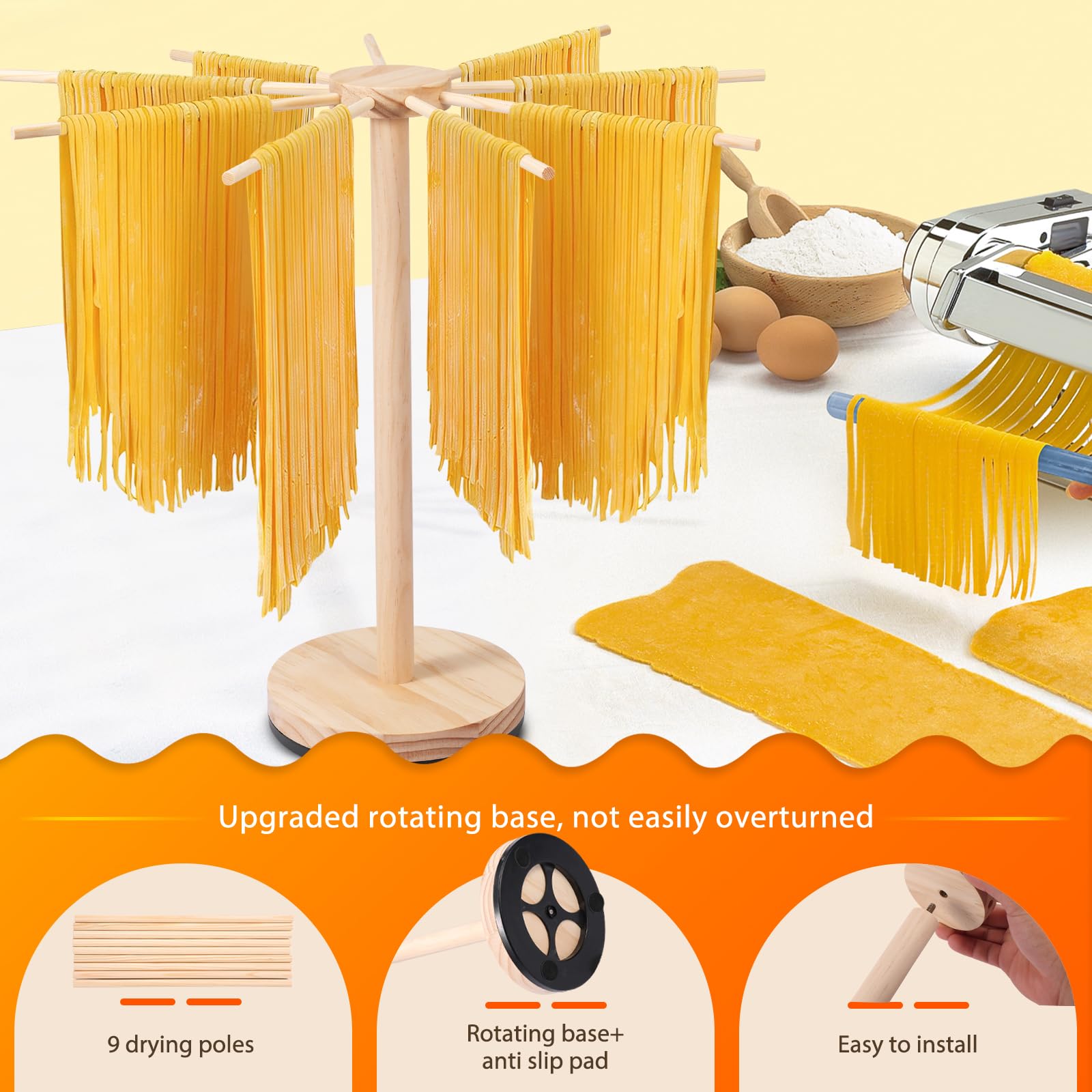 Large Wooden Pasta Drying Rack - Collapsible Stand With 9 Bars For Fresh Noodles & Spaghetti - View #9