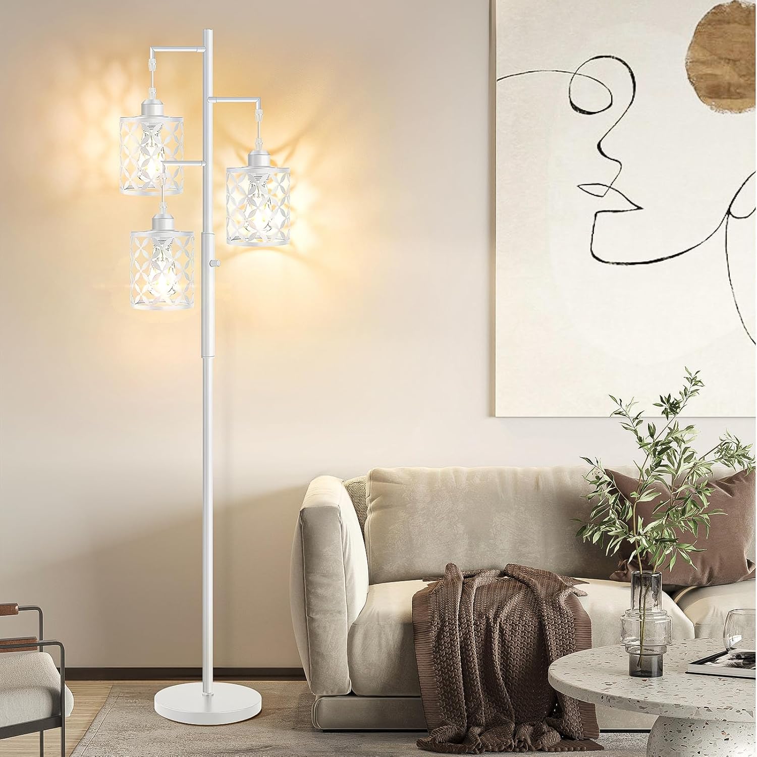 Dimmable Floor Lamp, Farmhouse Standing Lamp with Elegant Metal Cage, Industrial Tall Tree Floor Lamps for Living Room, Bedroom, Study Room, Office, 3 x 800LM LED Bulbs Included, 72", White