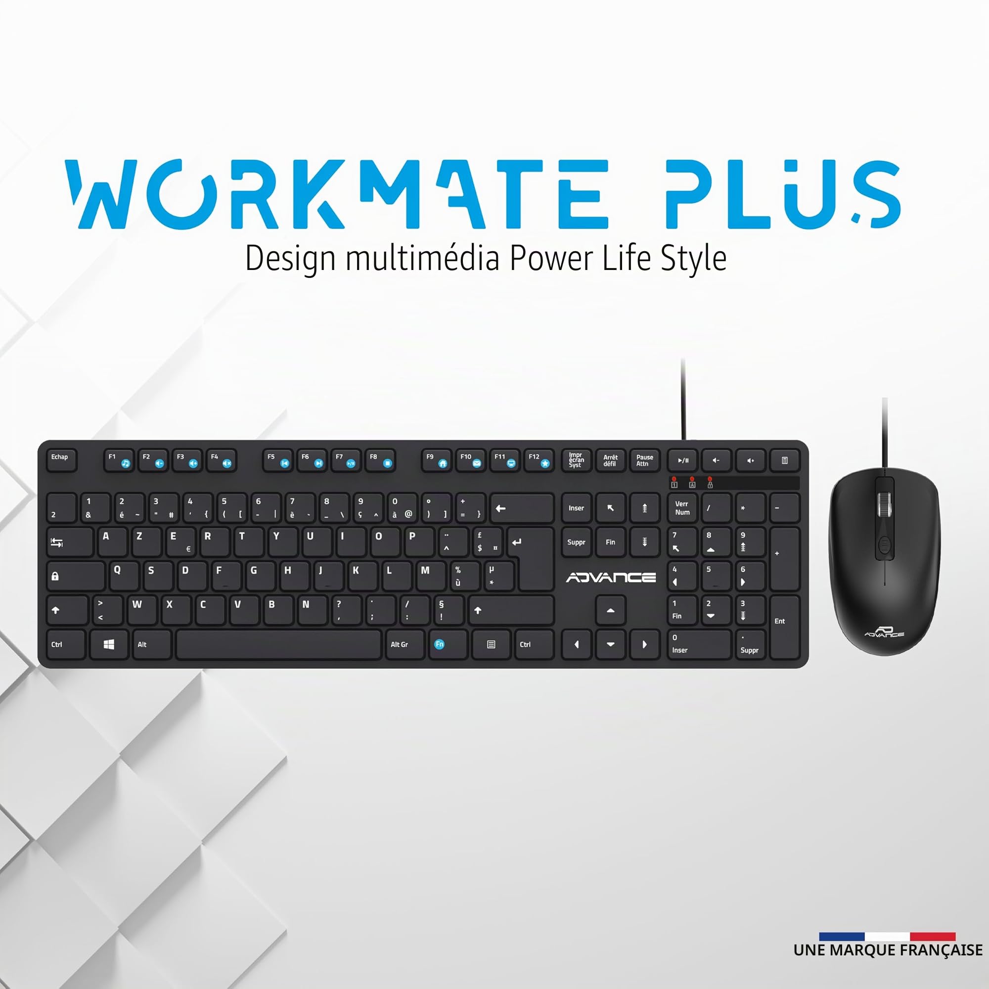 Workmate Plus : Kit Bureautique Complet pour PC/Portable/Clavier USB multimédia AZERTY + Souris USB 4 Boutons 2400 DPI/Touches et Clics Ultra Silencieux