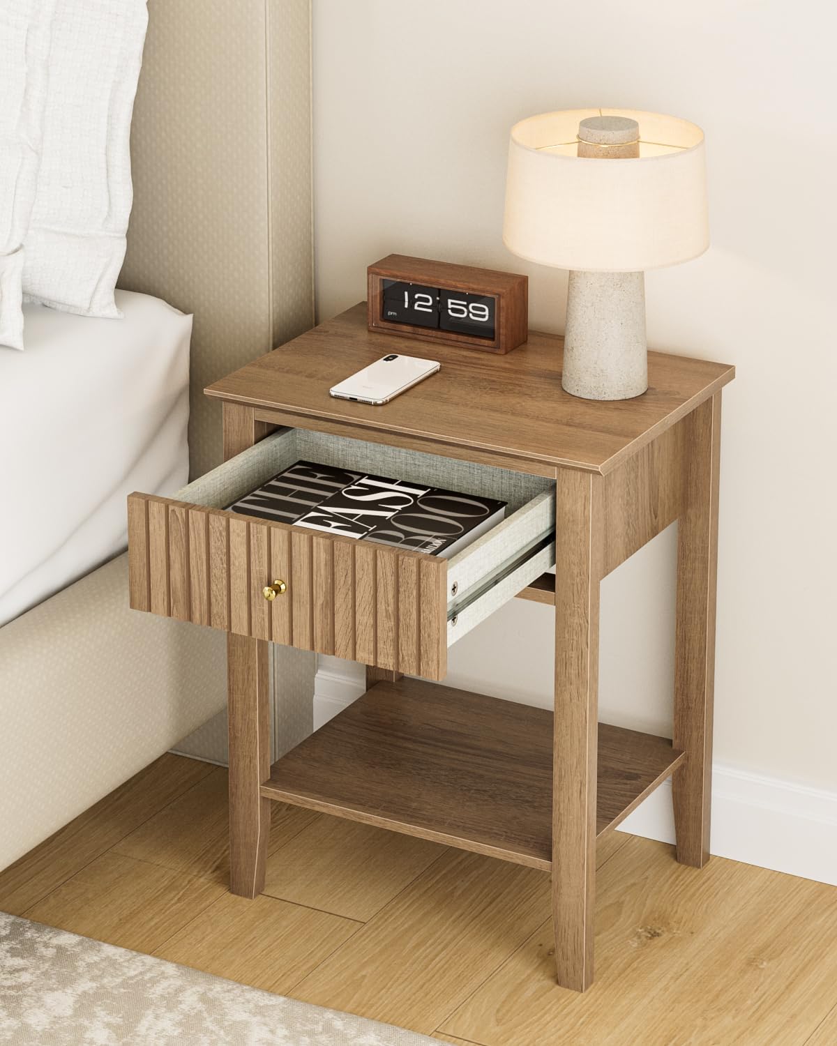HEYZOEY Mesita de noche retro con 1 cajón, mesita de noche de madera maciza, estilo bohemio, para dormitorio, salón, nogal
