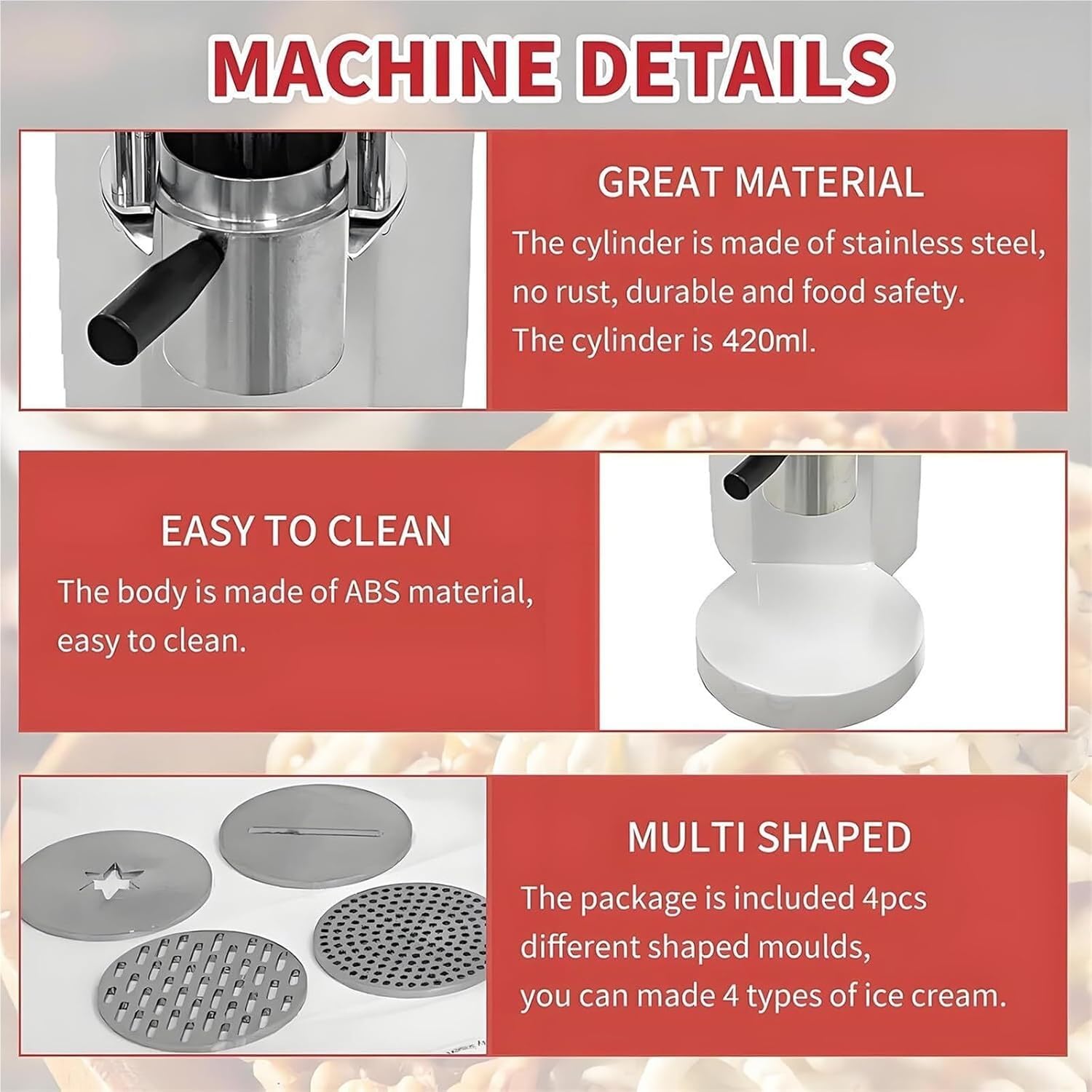 Máquina para Hacer Helado de Espagueti, Prensa para Helado de Espagueti de múltiples Formas, máquina para Hacer Helado de Espagueti con 4 moldes, 6-8 Unidades/Vaso. (White)