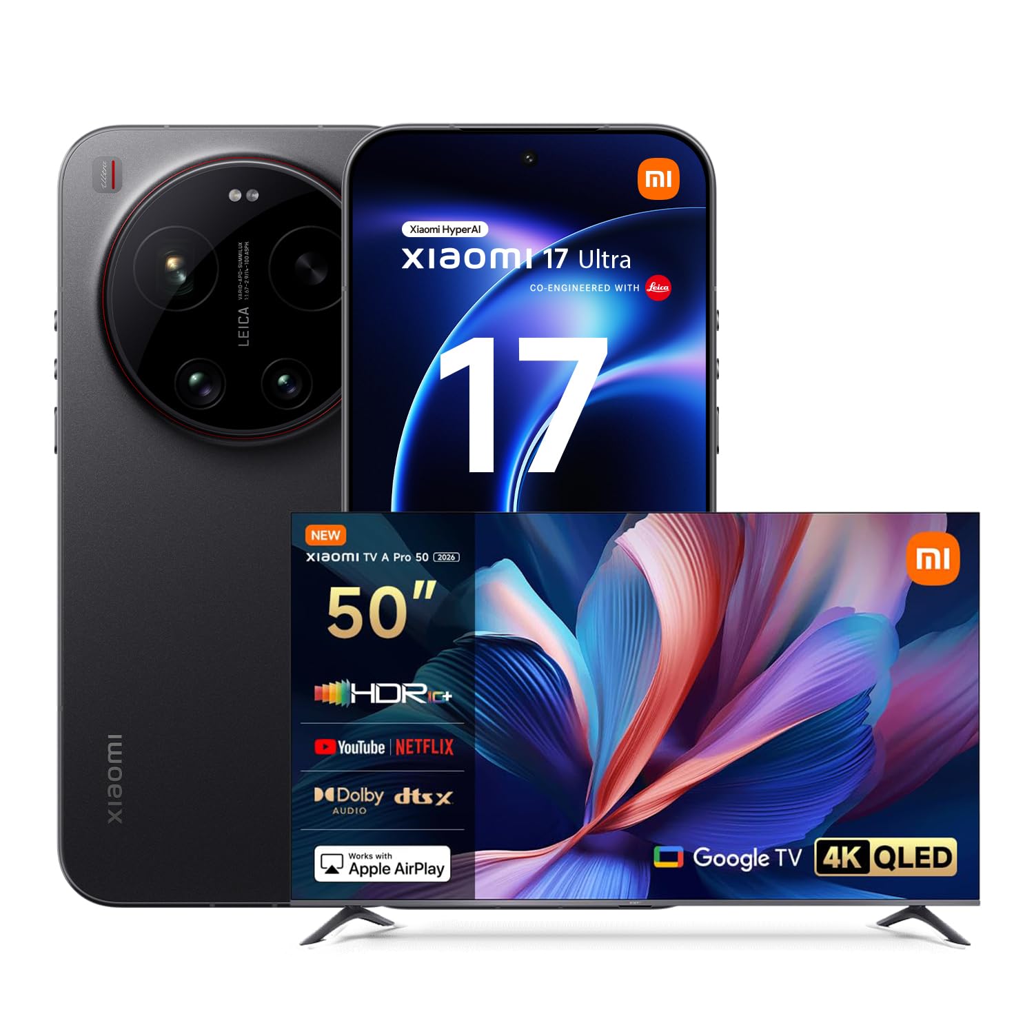 XIAOMI 17 Ultra, Smartphone 16+512GB, Teleobiettivo Lenti Leica APO 200MP 75–100mm, Tecnologia LOFIC HDR, HyperAI, Black, Garanzia 2 anni+1 anno extra, Caricatore non incluso+TV A Pro QLED 50"