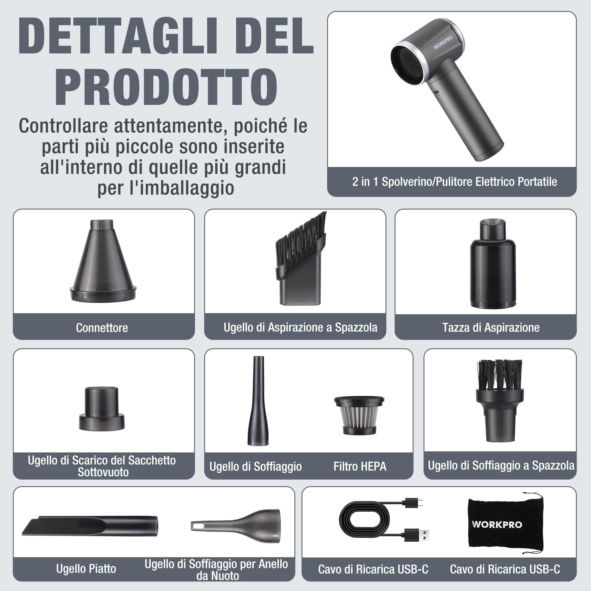 VEGREM Soffiatore E Aspirapolvere Elettrico 2 In 1 – 110.000 Giri/min, 4000 MAh, 3 Velocità, Con Luce LED E Kit Di Pulizia Per PC E Auto