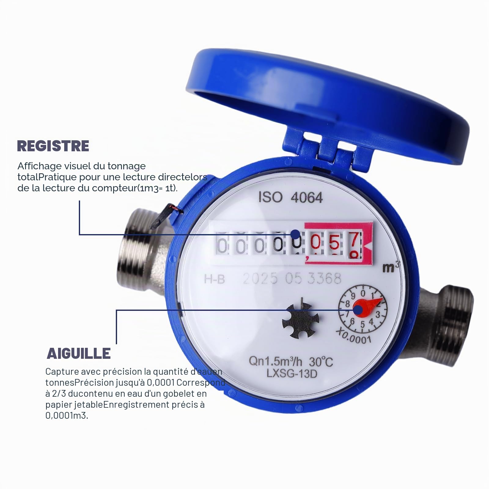 Compteur d'eau de jardin 1/2 pouce calibré, compteur d'eau froide avec accessoires de montage et couvercle de protection, 0-40 ℃ 1,5 m³/h, matériau fer/ABS, affichage numérique et aiguilles, pour la