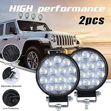 PBTA Round Pod Waterproof 14 LED Fog Light Flood Driving Lamp For Car, Off-Road Truck/Pickup, Jeep, SUV, ATV And UTV (42 Watt, White) - Set of 2