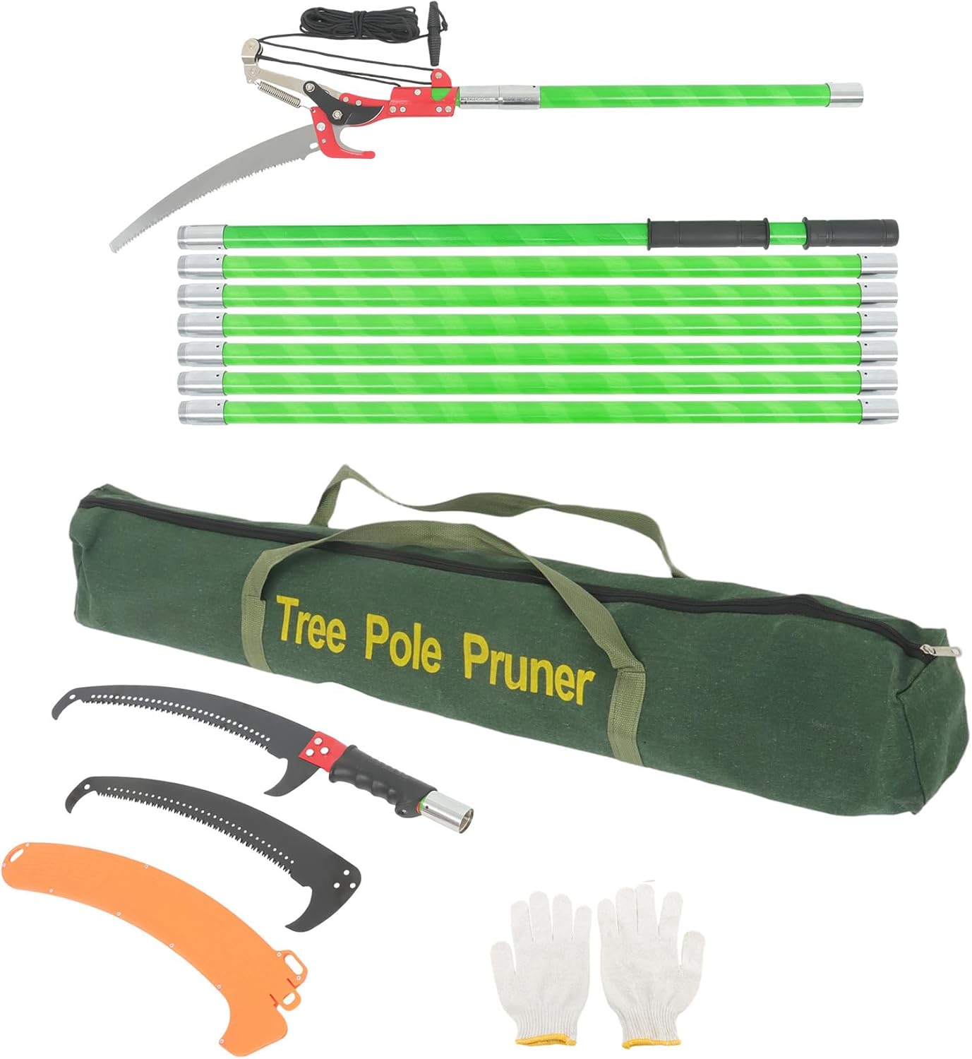 27ft Pruner Saw Combination Extendable Tree Trimmers, Sharp steel Blade, Manual tree purner with 8-Section Handle, Easy to Carry and Extendable Design for Tree Maintenance, Green
