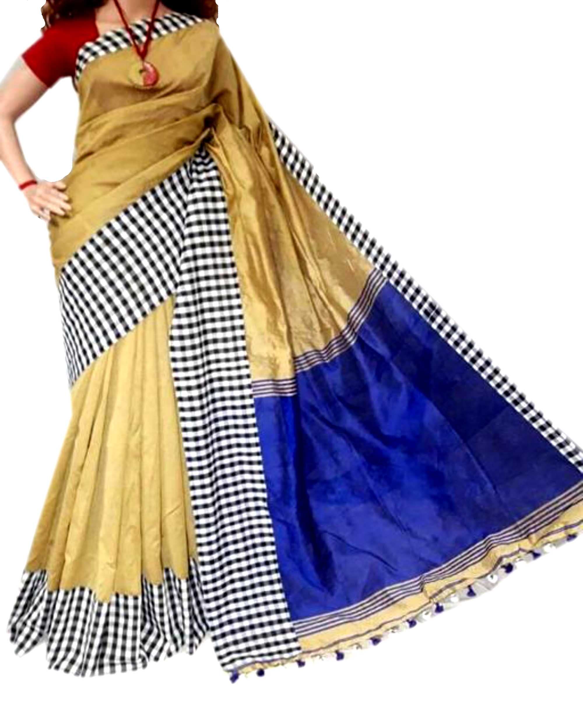 Jolly Enterprise Women`s Iman Gamcha checked Cotton Silk Saree in With Contrast Blouse Piece- Blue