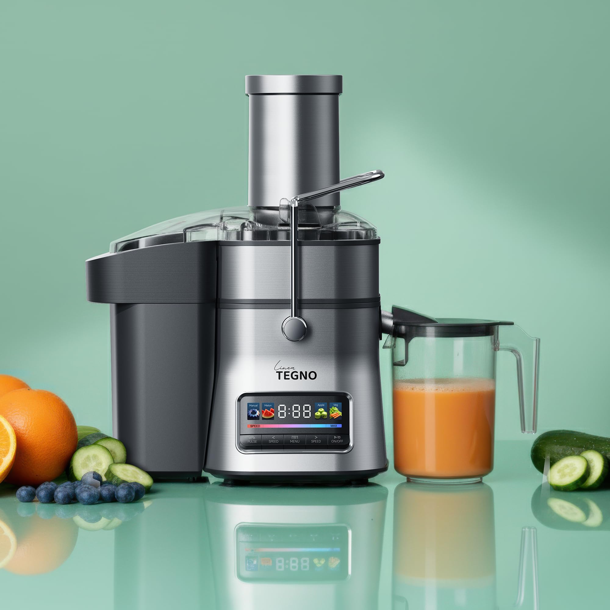 Super Juicer - Linea Tegno - Professioneller Edelstahl Entsafter - Entsafter für Obst und Gemüse - 1500W - Extra große Einfüllöffnung - 2,5L Fruchtfleischbehälter - 1L Saftbecher, LED-Farbdisplay