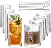 INSETLAN Vintage Ribbed Glassware Set of 8: 4 Highball 12oz Glasses + 4 Rocks 14oz Cups - Retro Cocktail Glasses for Whiskey, Wine, Juice