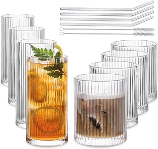 INSETLAN Vintage Ribbed Glassware Set of 8: 4 Highball 12oz + 4 Rocks 14oz Glasses for Cocktails, Whiskey, Water