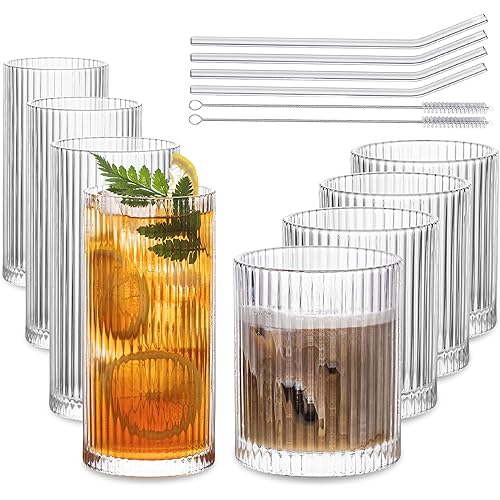 INSETLAN Set of 8 Vintage Glassware - 4 Highball Glasses 12 oz, 4 Rocks Glass Cups 14 oz, Ribbed Glassware Cocktail Glasses, Ideal for Wine, Juice, Water, Ice Coffee Cup, Whiskey, Mixed Drinkware
