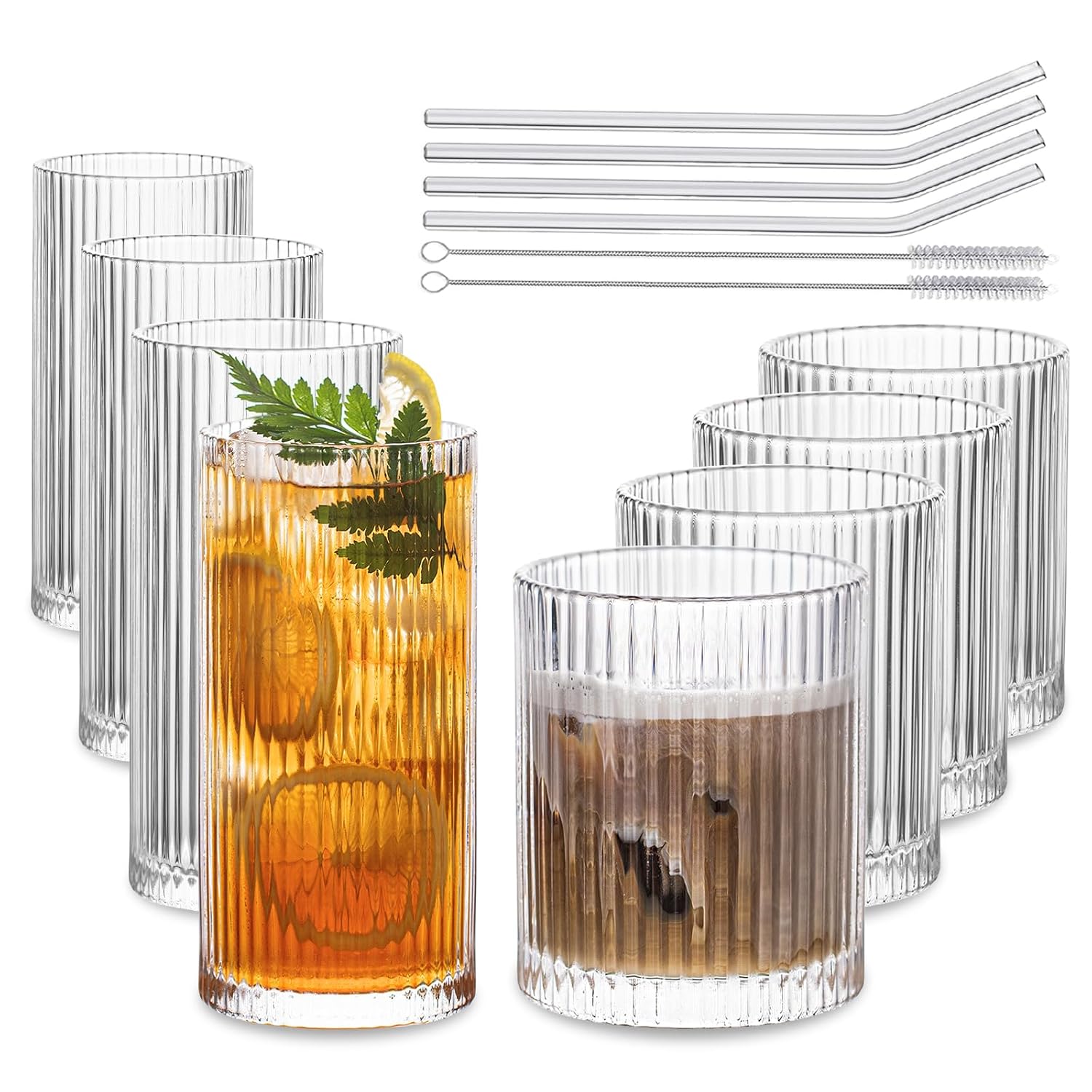 INSETLAN Set of 8 Vintage Glassware - 4 Highball Glasses 12 oz 4 Rocks Glass Cups 14 oz