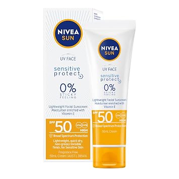 NIVEA Sun Sensitive Protection Facial Care Cream Lightweight Daily Skin Comfort Formula for Gentle Nourishment, Outdoor Use, and Everyday Protection in 1.69 Fl Oz 50 ml Tube