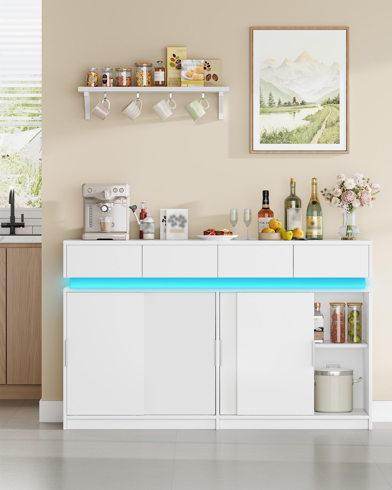 Hzuaneri Credenza Cucina, Mobile Cucina con 4 Cassetti, 4 Ante Scorrevoli, Presa Elettrica e Illuminazione a LED, Ripiani Regolabili, stile Moderno, per Cucina, Soggiorno, 40 x 140 x 85 cm, Bianco