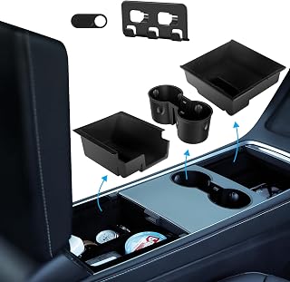 Evolop 5PCS Center Console Organizer Tray for Tesla Model Y 3 Accessories 2023 with Silicone Cup Holder Insert, Rear Trunk Hook, Camera Cover for Tesla Model 3 Y 2021 2022, Upgrade Flocked Material
