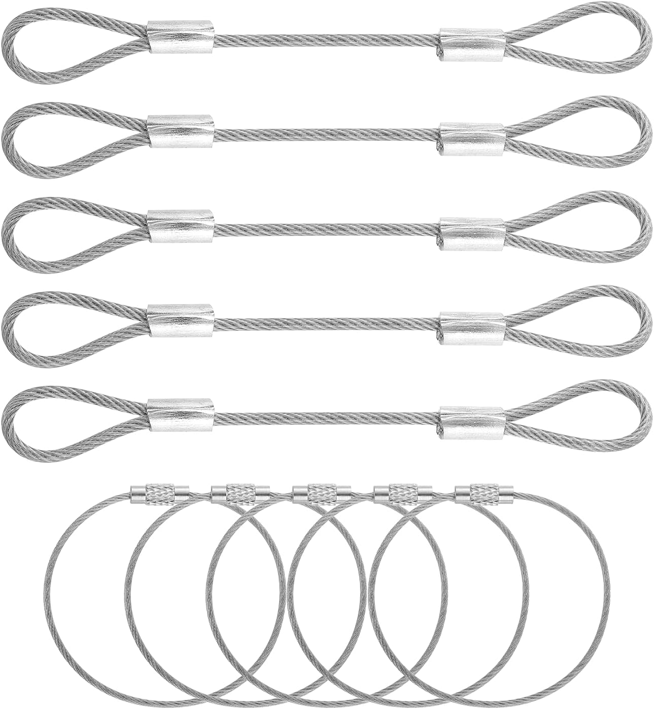 5 Set Double Loop Security Cable Lock (0.33 ft X0.08'') + Keychain Cable, Silver