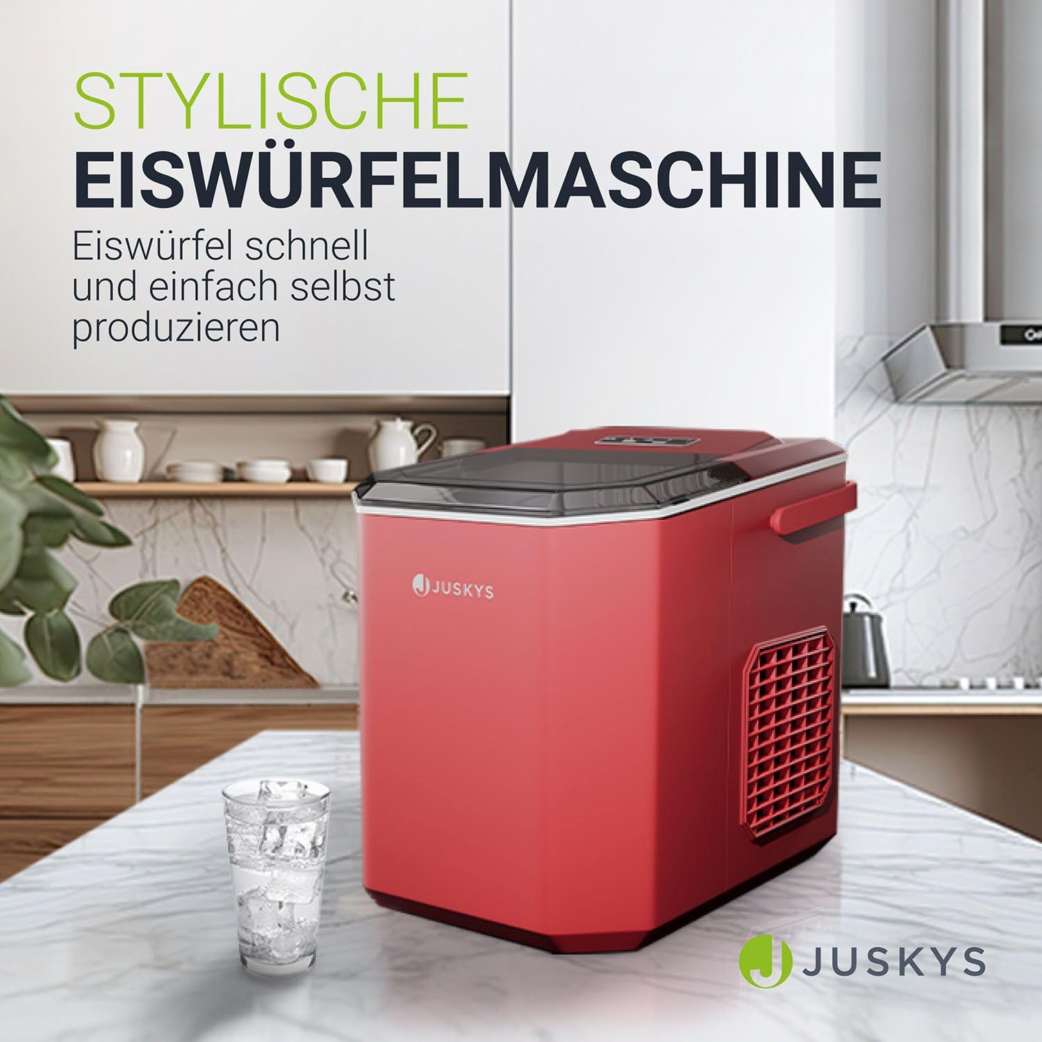 Juskys Eiswürfelmaschine klein mit Eiswürfelbehälter Rot 6-13 min 12 kg/Tag Ice Cube Maker