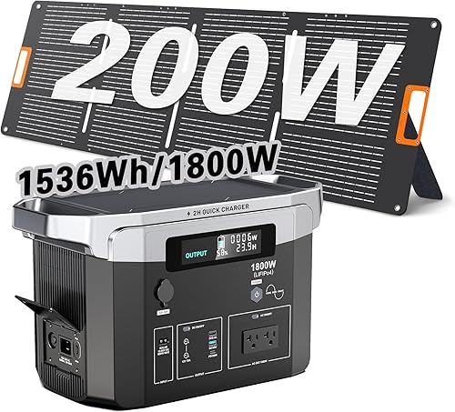 Generador solar de 1800 W, estación de energía portátil de 1536 Wh con panel solar de 200 W incluido, generador de energía solar LiFePO4 (LFP)