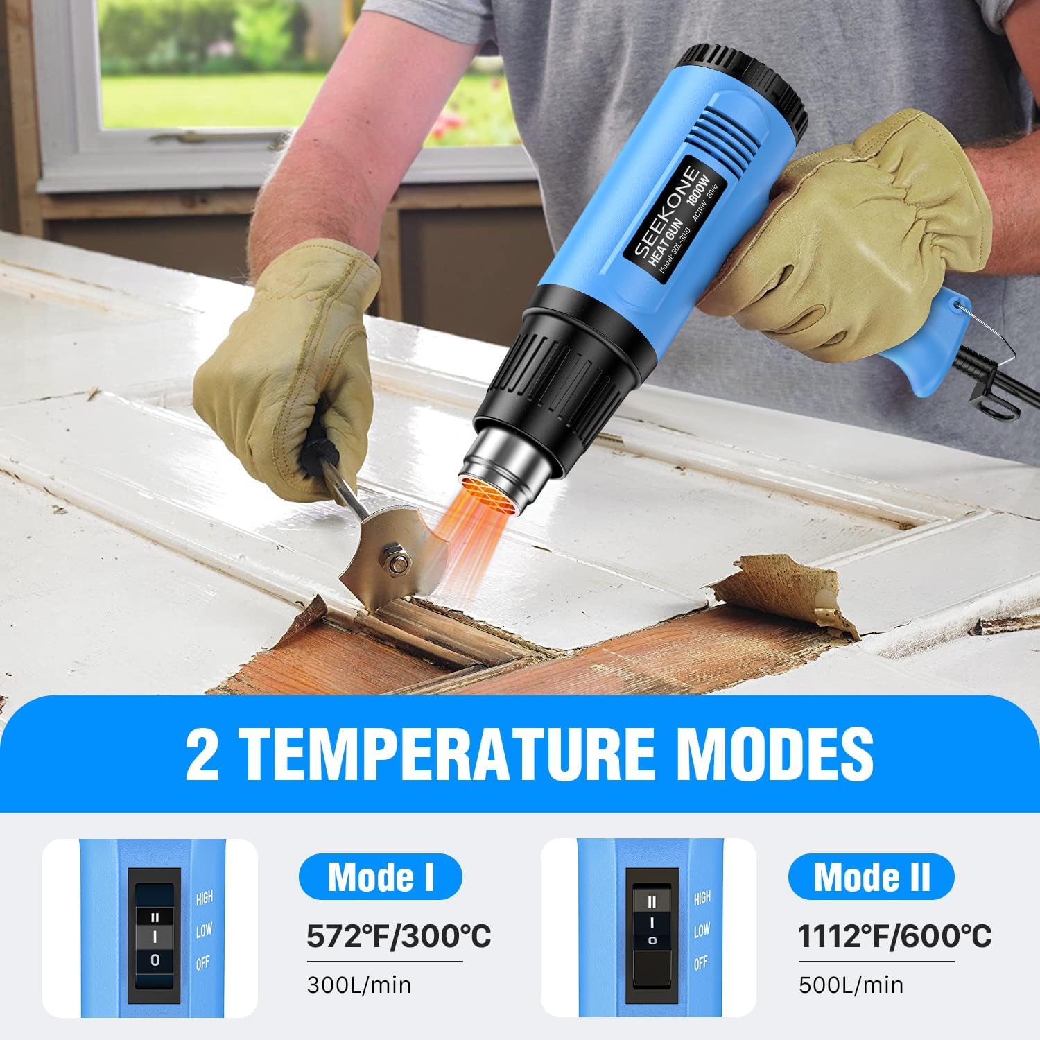 SEEKONE Heat Gun being used for various applications including paint stripping and heat shrinking.