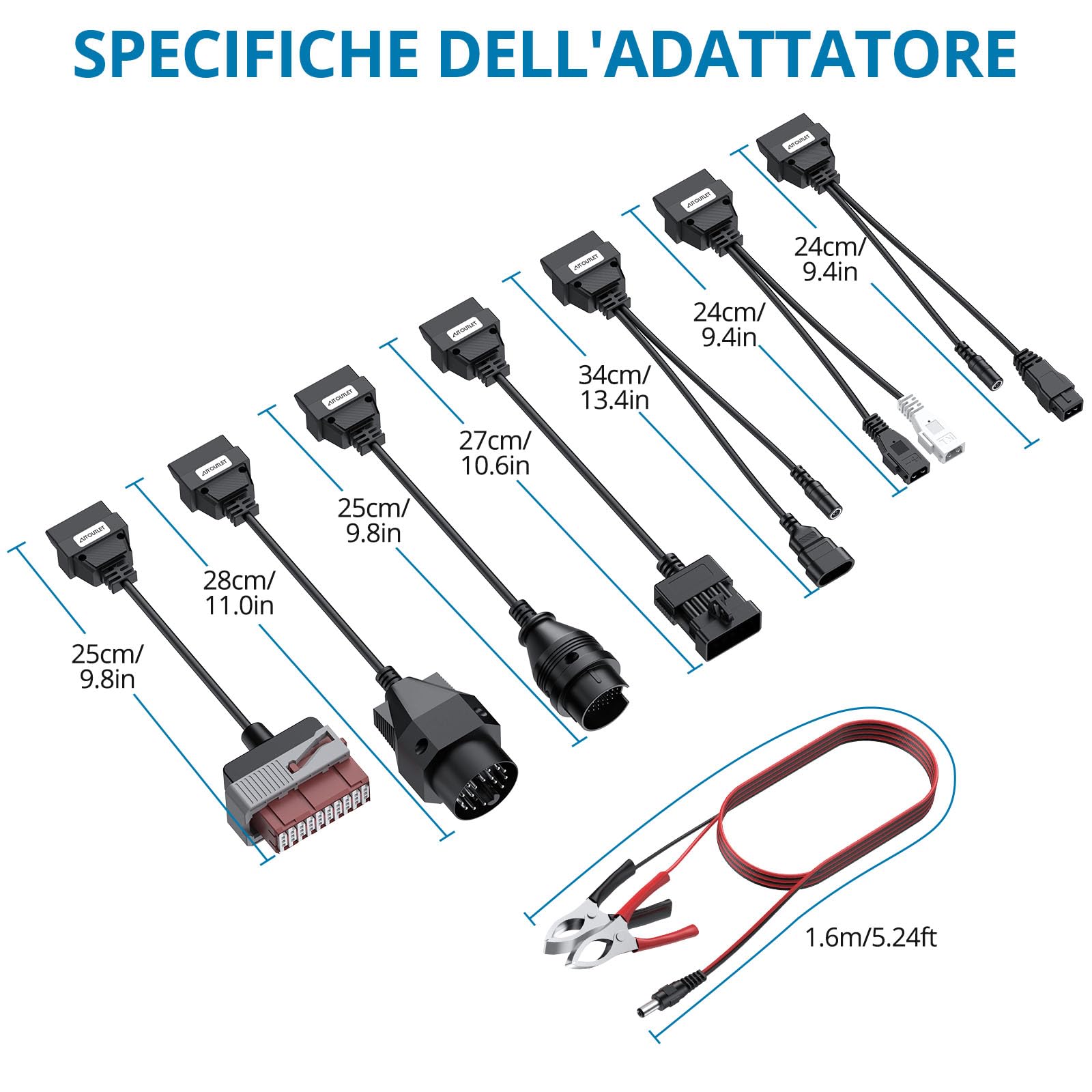 Kit 8 Cavi OBD2 Per Diagnosi Auto: Adattatori Per Delphi, PSA, Mercedes - Set Completo