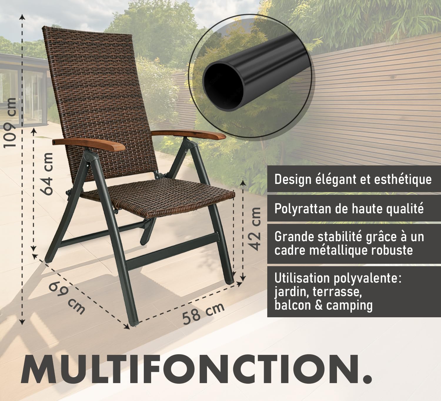 BRUBAKER Modena Chaise de Jardin Poly Rattan - Chaise à Dossier Haut réglable en 7 Positions - Rembourré - Imperméable - Métal - Gris/Brun