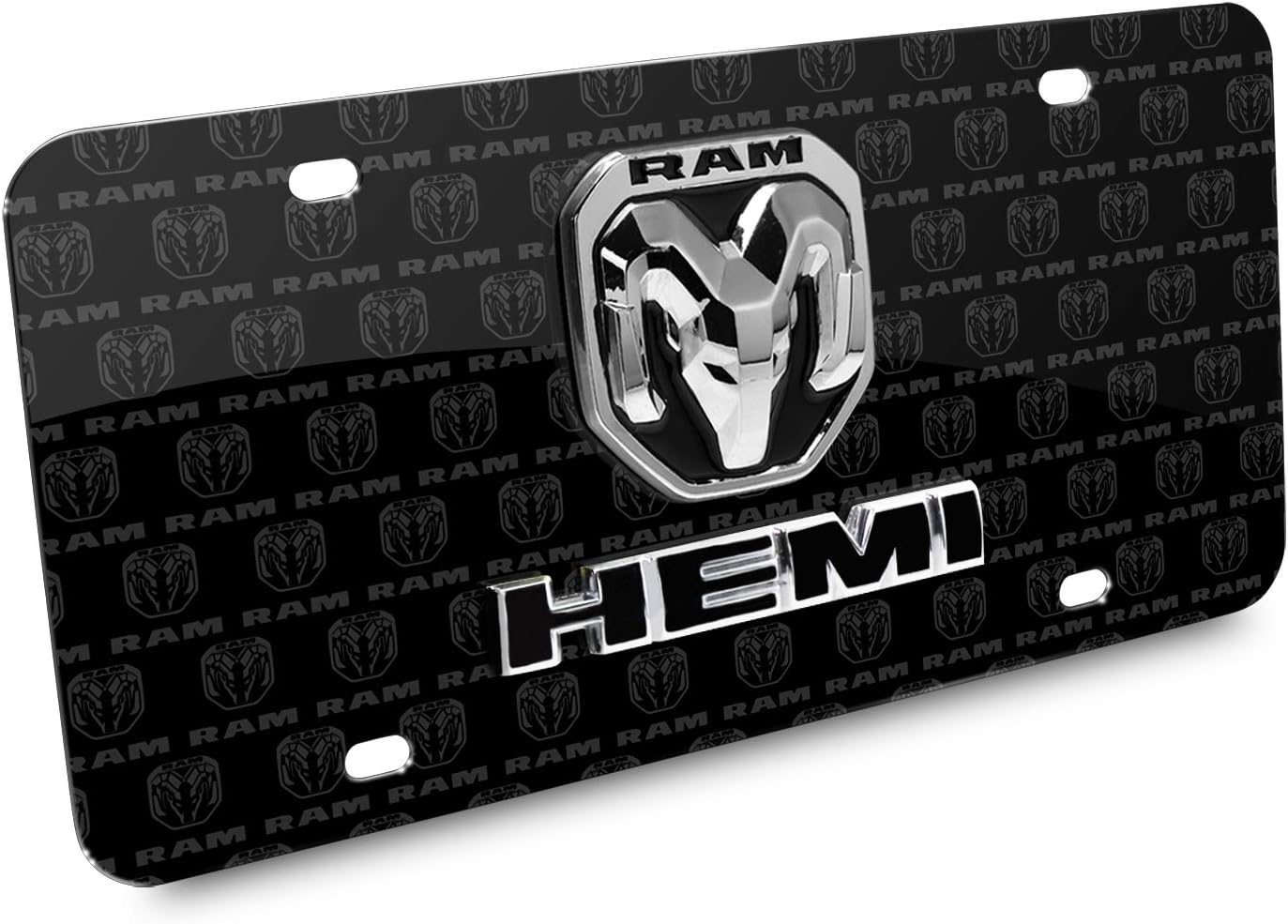 iPick Image for RAM HEMI Dual Logo 3D Logo on Logo Pattern Black Aluminum License Plate - Official Licensed
