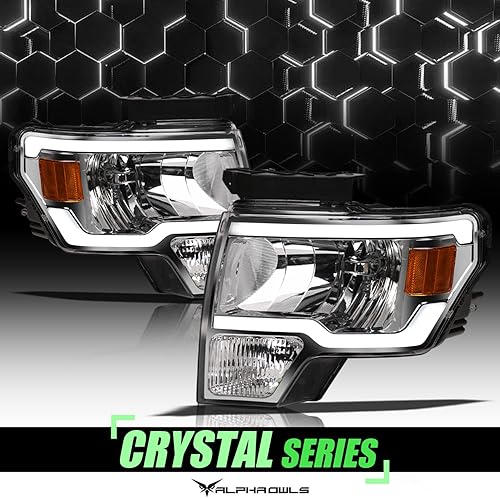 Miniatura 2 de Alpha Owls 8711712 - Faros delanteros de cristal con barra de luz LED blanca, ámbar cromado, compatible con modelos halógenos Ford F150 2009-2014
