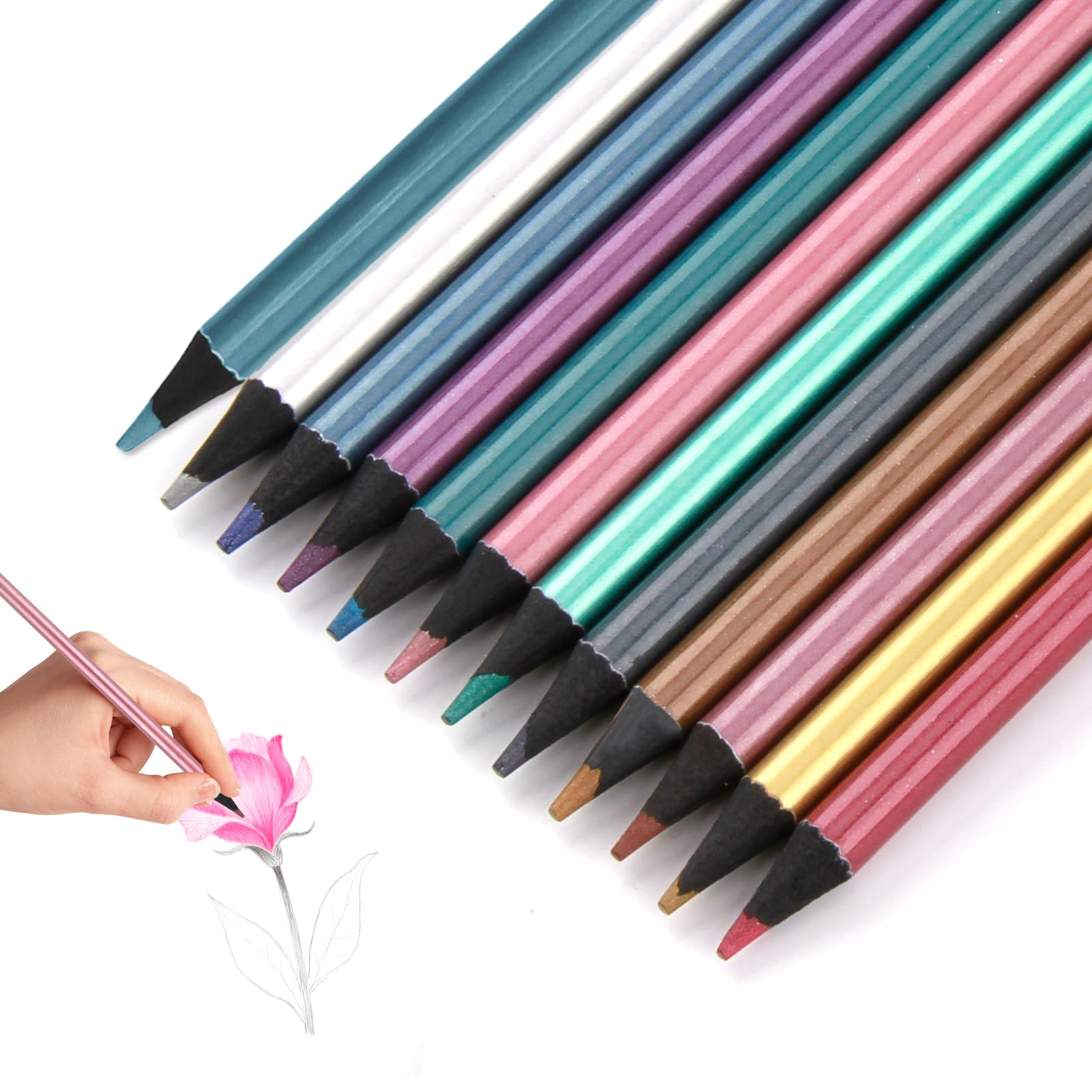 Pack of 12 Coloured Pencils Metallic Colours for Colouring, Drawing and Crafts Greeting Cards, Metallic Coloured Pencils Birthday Gift for Children, Colouring Pencils for Adults, Portable Drawing