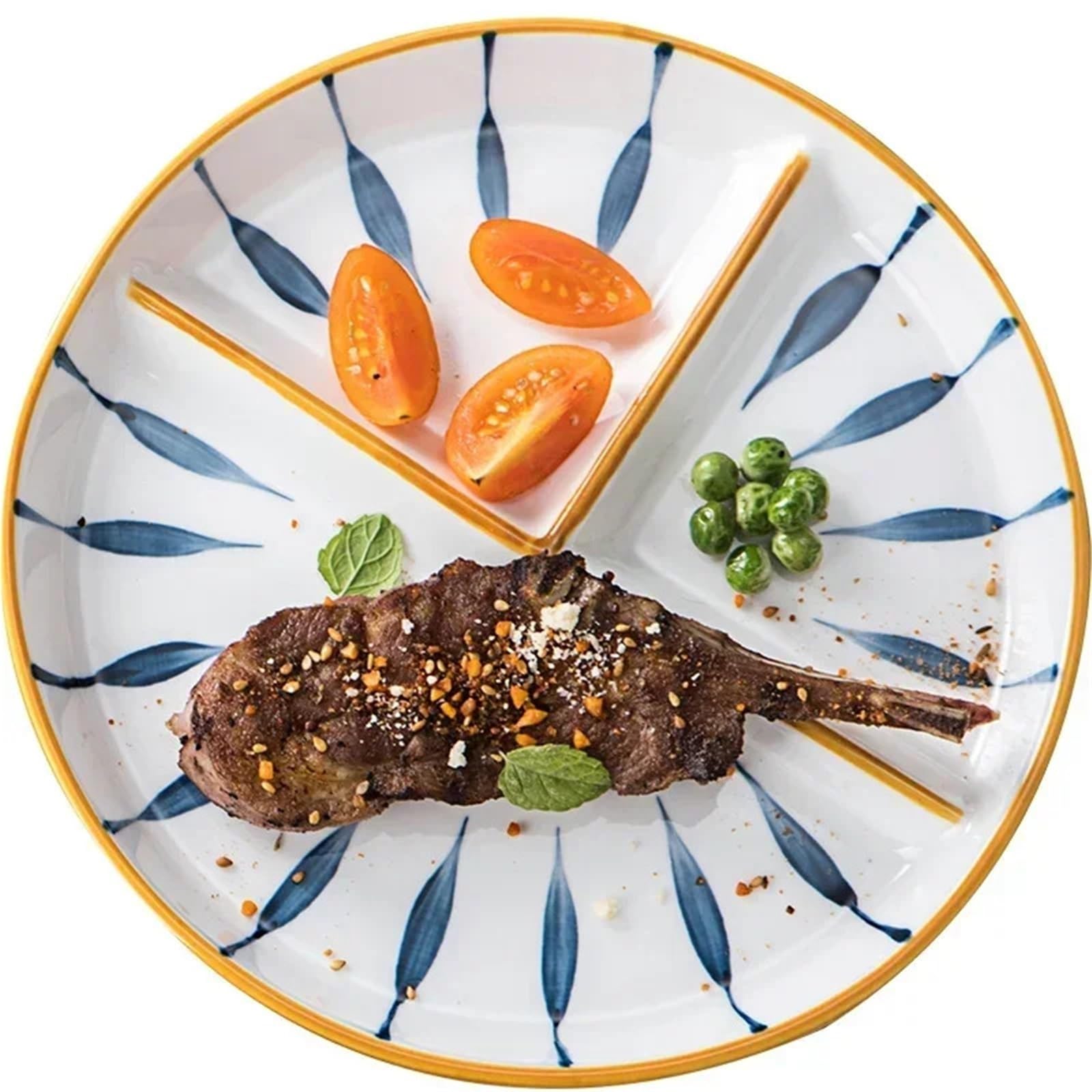Assiette Porcelaine Assiette à dîner en céramique, assiette à trois compartiments, assiette de petit-déjeuner familiale for 1 personne, assiette à séparation quantitative réduisant les graisses(8 inch