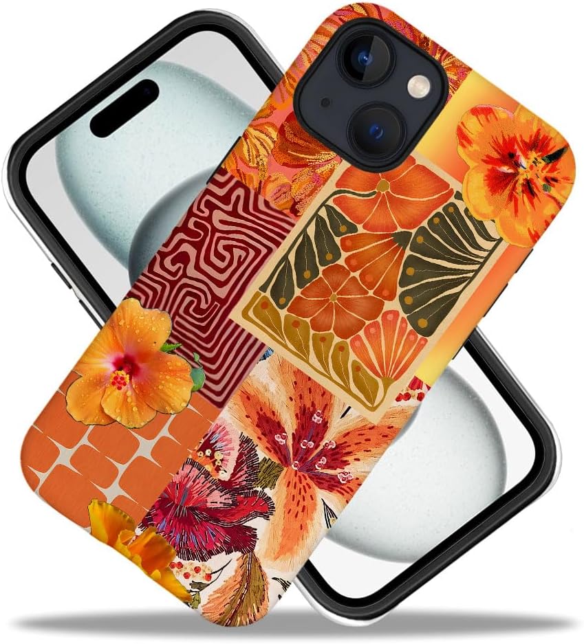 Compatible with iPhone 13,Durable & Shockproof Phone Case Cover Design - Orange Floral Hibiscus Collage Aesthetic - Image 2