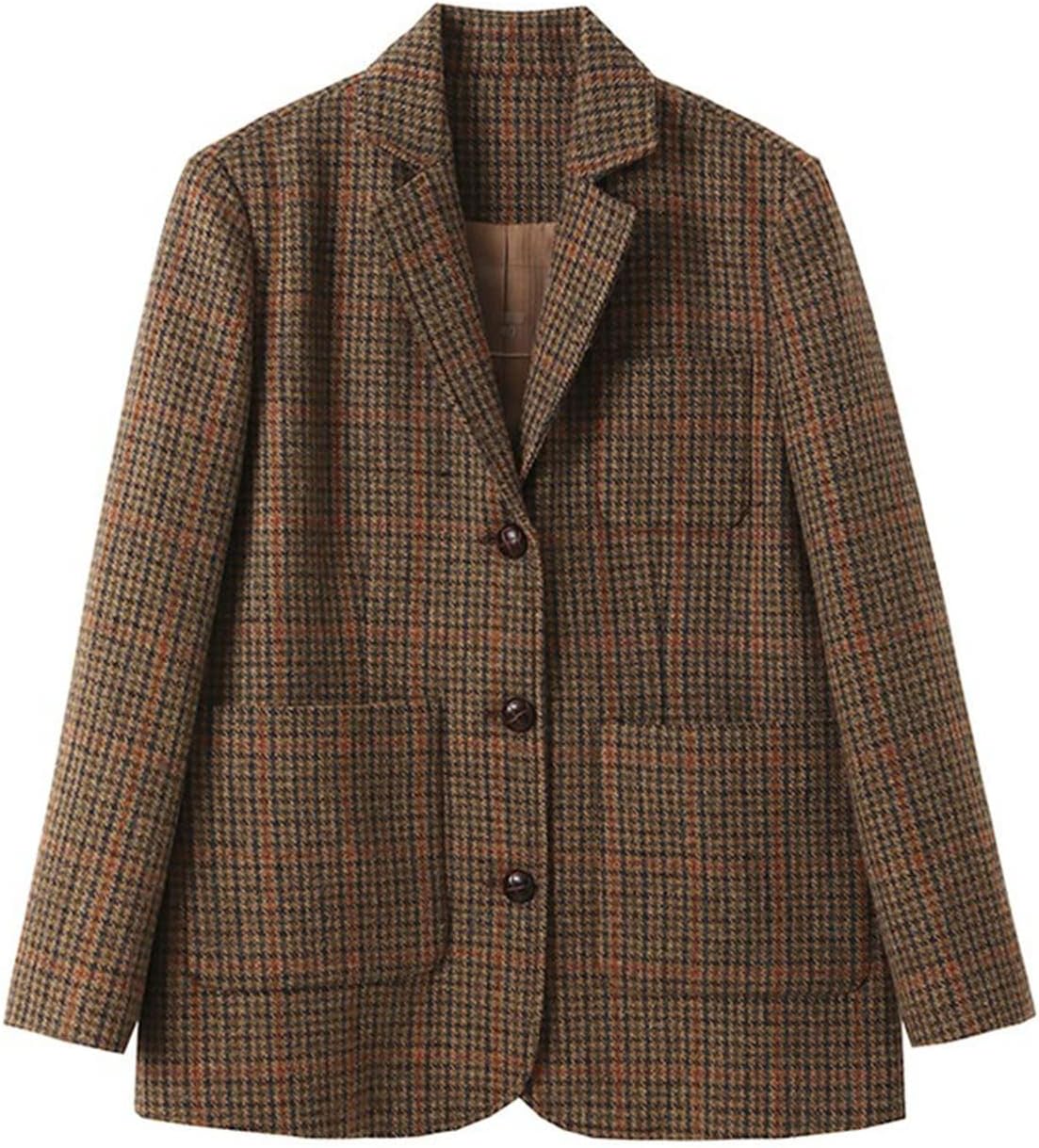 Women's Houndstooth Blazer Single Breasted Jacket Notch Lapel Suit Coat Daily Business Formal