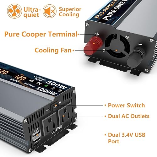 Miniatura 3 de Inversor de corriente de onda sinusoidal pura de 500 W, 12 V CC a CA, 110 V, 120 V, potencia máxima, 1000 W, con 2 salidas de CA, inversor de
