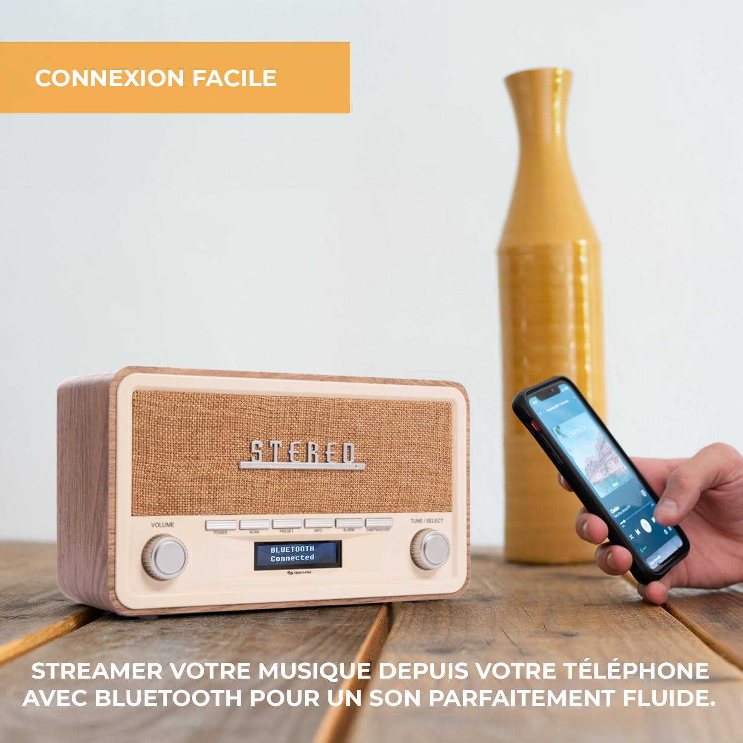 Denver DAB-18LW Radio numérique Dab+/FM Bluetooth, AUX, écran LCD, Horloge-réveil, Finition Bois Clair