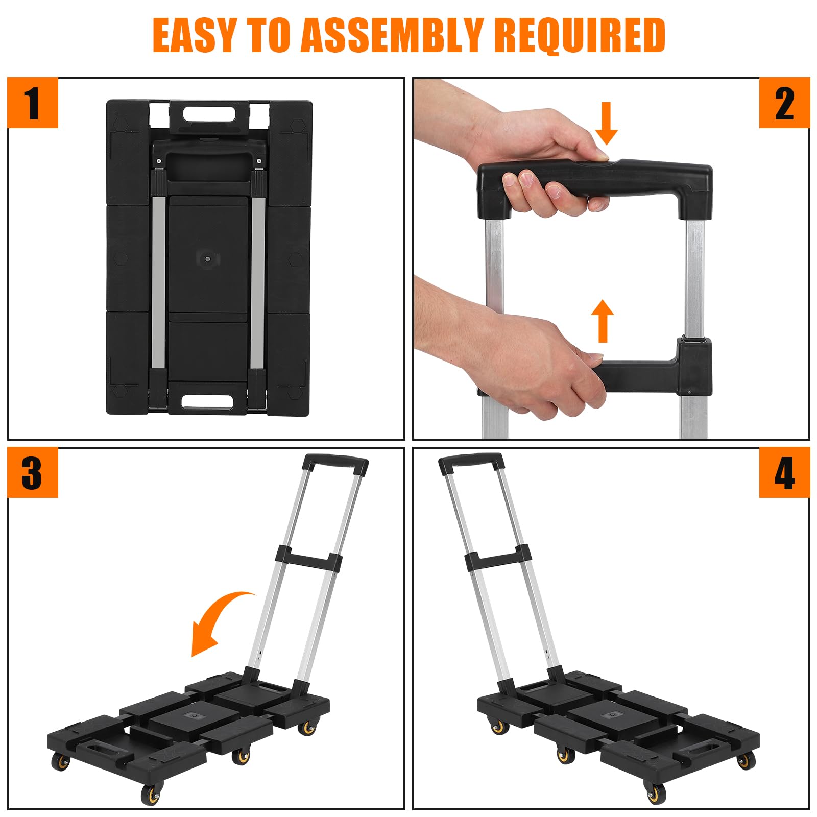 Carrello a mano pieghevole, carrello per bagagli con capacità di 500 libbre, pieghevole portatile con 6 ruote e 2 corde elastiche, maniglia regolabile, carrello per bagagli, personale, viaggi, auto,