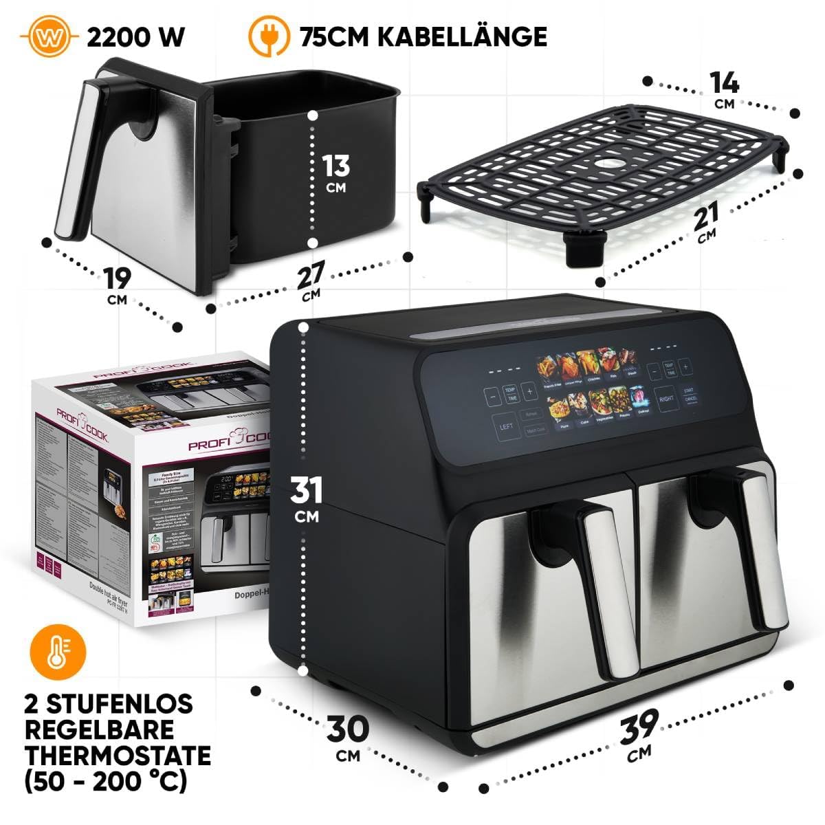 ProfiCook Heißluftfritteuse 2 Kammern | 8L Heißluft Fritteuse Doppelkammer | kein Öl oder Fett | Air Fryer m. Color-Display | Doppel Heißluft-Fritteuse 2200 Watt | Airfryer XXL | PC-FR 1287 H