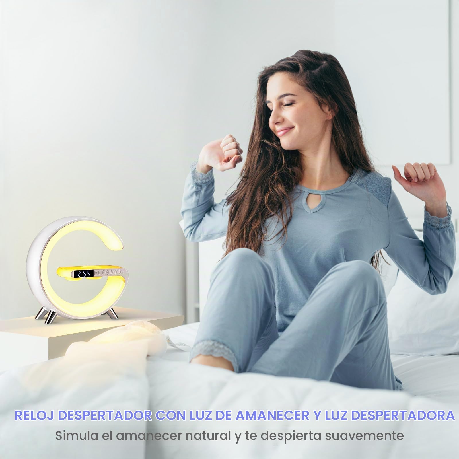 Lámpara de Mesa LED Inteligente, Lámpara de Ambiente con Cargador Inalámbrico, Altavoz Bluetooth Lámpara de Luz Nocturna Regulable, Reloj Despertador con Sincronización de Música (Blanco)