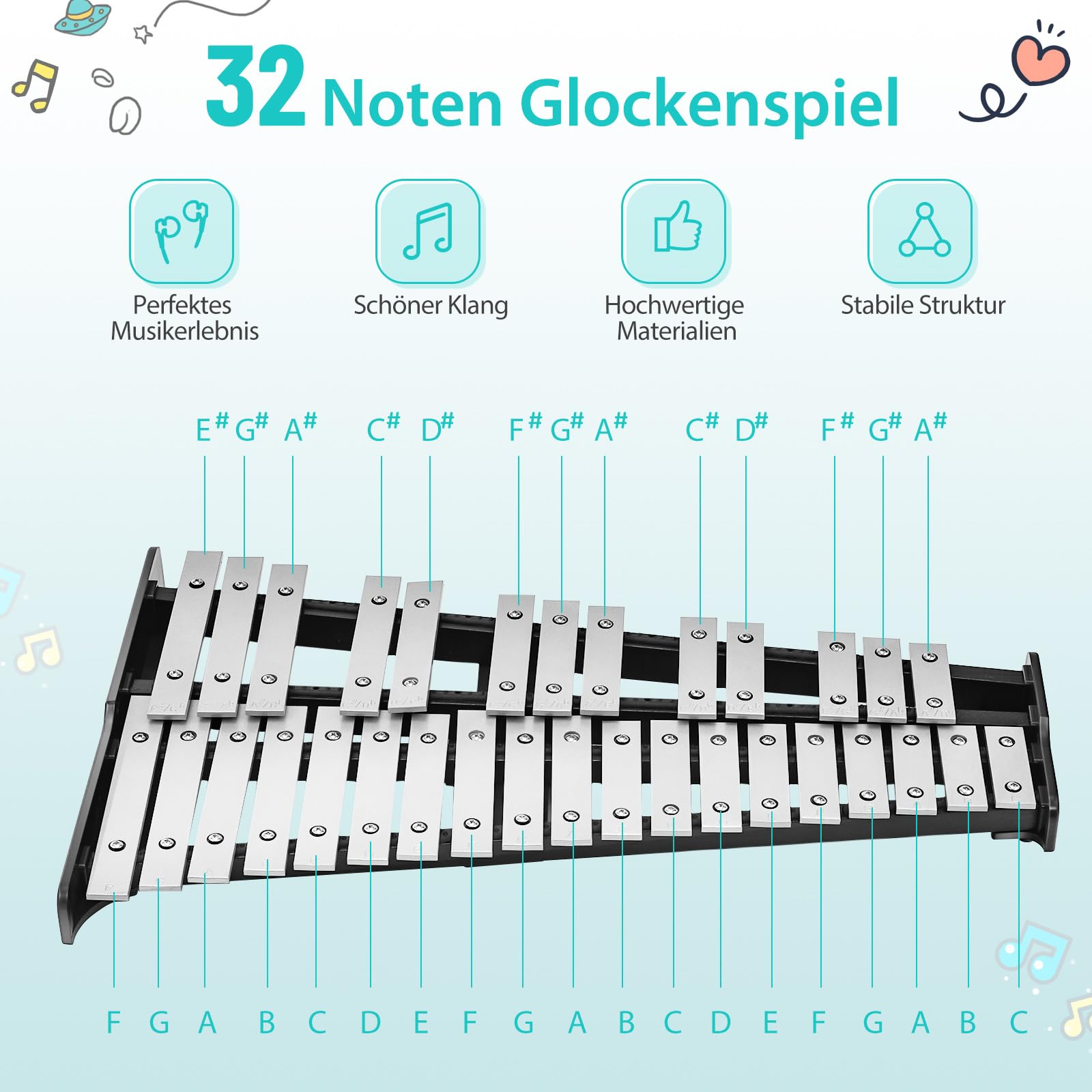COSTWAY Glockenspiel 32 Tönen Xylophon mit verstellbarem Ständer, 20cm Übungspad, Schlägeln und Tragetasche, Percussion Schlaginstrument Alu