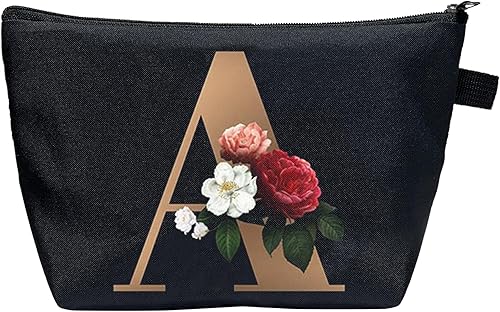 CTNUOBEE Bolsa de comestic con letras del alfabeto dorado con bolsa de maquillaje de flores, bolsa de viaje portátil con cremallera, bolsa de aseo