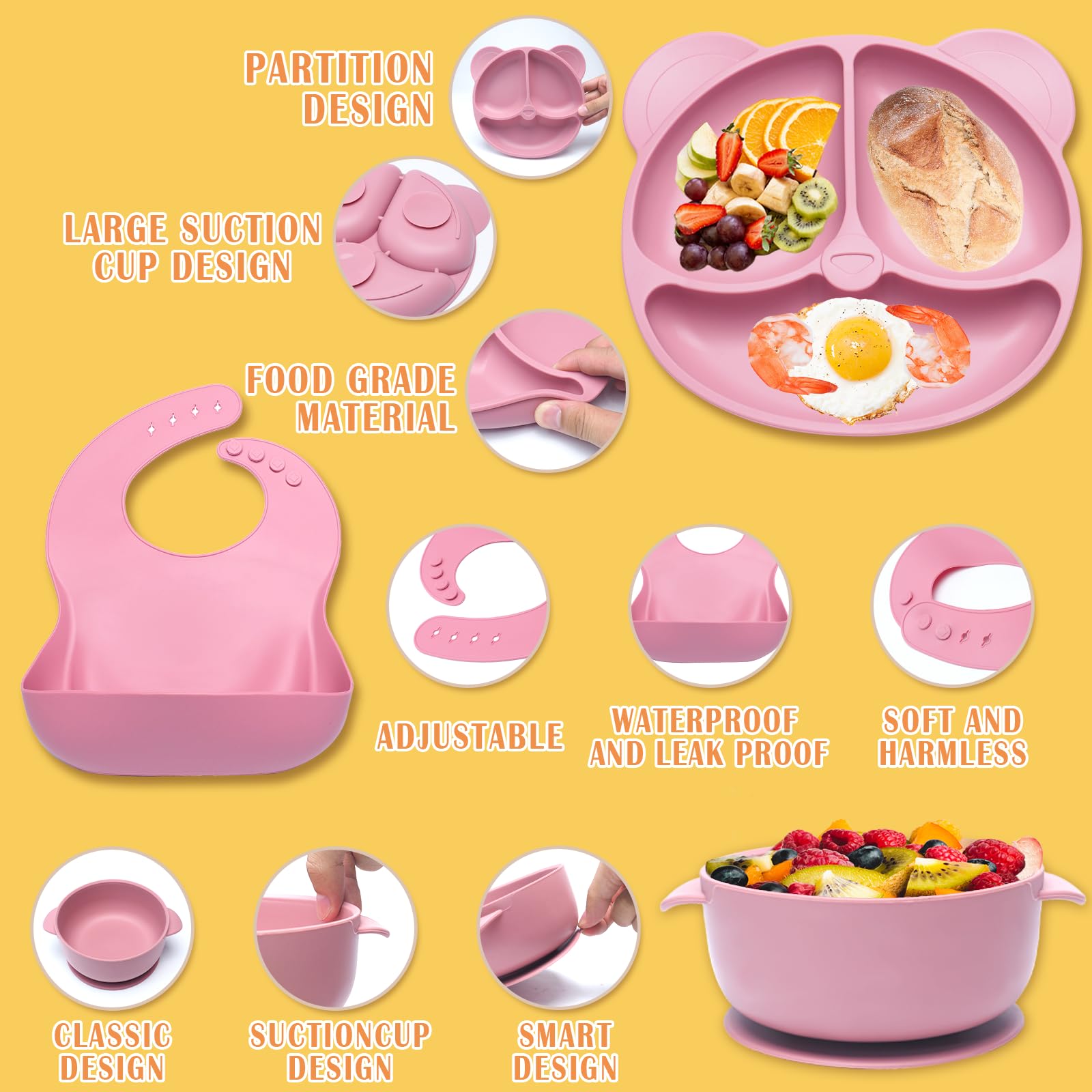 Coffret Repas Bebe 10 Pièces, Assiette bebe Set Vaisselle Antiderapant Silicone avec Ventouse Assiette Bol Fourche Cuillère Bavoir et Tasse, Enfant Set Couverts Vaisselle, Sans BPA, Rose