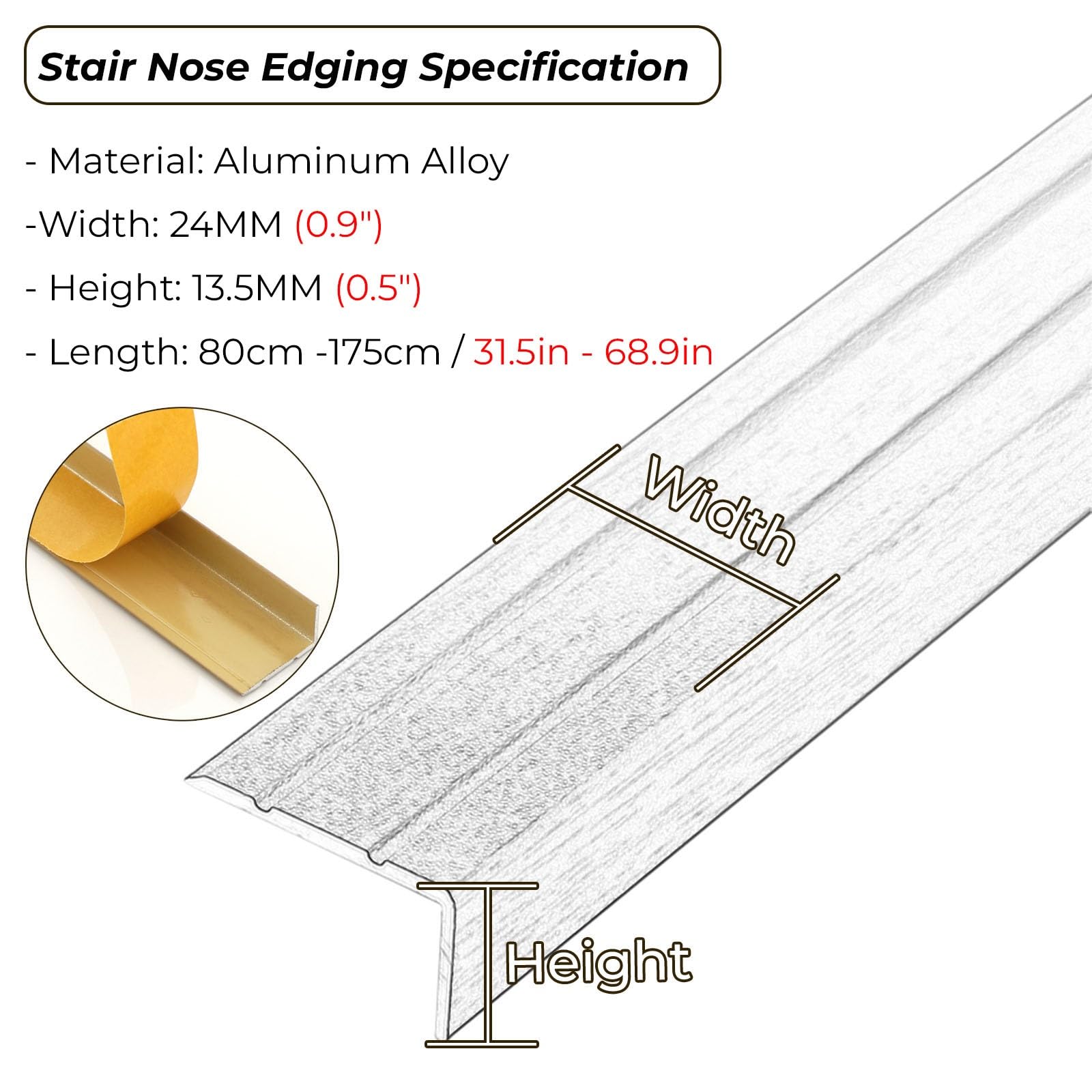 Perfil de Borde Protección Escalón Stair Nosing for Wooden Steps, 69 55 45 35 31 Inches Metal Stairs Edge Profile Trim With Non Slip Surface for Laminate Flooring/Tile/Treads Edging Outpost, Carpete