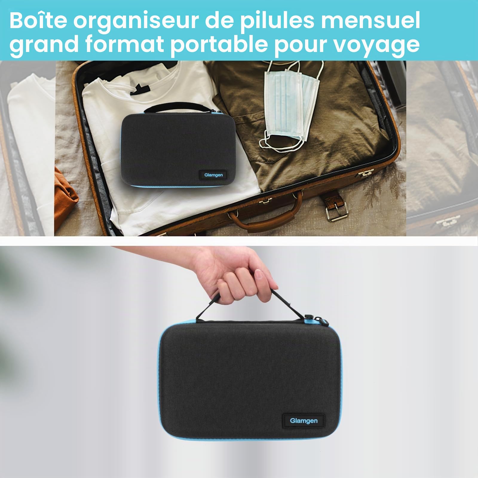 Pilulier mensuel 3 fois par jour avec étui de voyage portable, 32 compartiments quotidiens pour vitamines, suppléments et médicaments